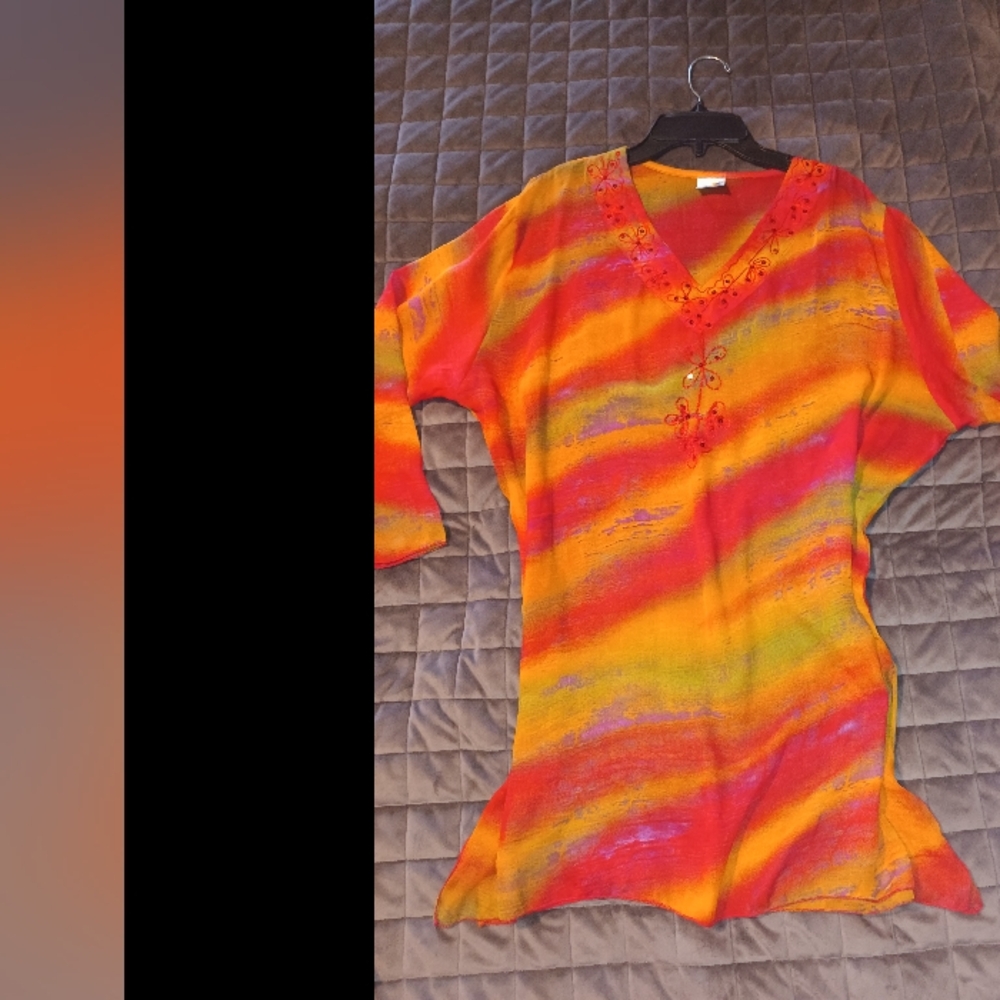 Orange and Yellow Graphic Tunic with 3/4 Sleeves